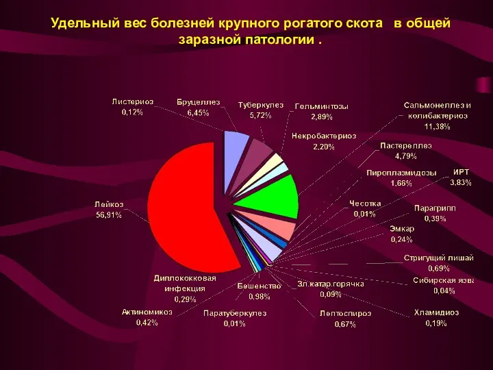 Удельный вес болезней крупного рогатого скота в общей заразной патологии .