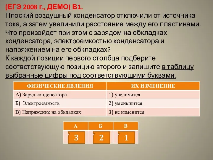 (ЕГЭ 2008 г., ДЕМО) В1. Плоский воздушный конденсатор отключили от