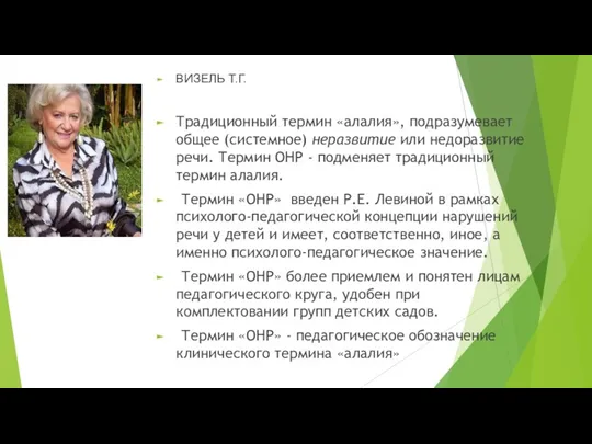 ВИЗЕЛЬ Т.Г. Традиционный термин «алалия», подразумевает общее (системное) неразвитие или