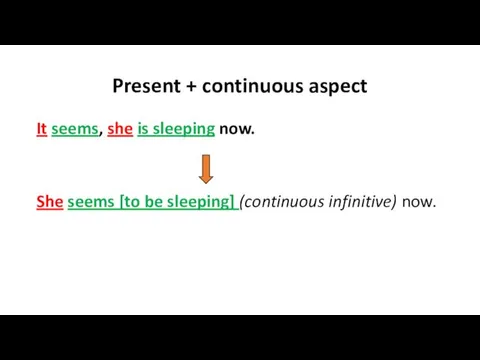 Present + continuous aspect It seems, she is sleeping now.