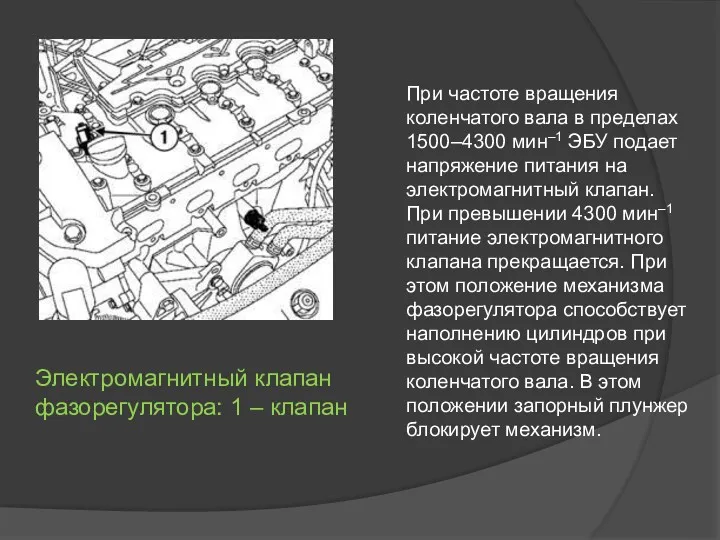 Электромагнитный клапан фазорегулятора: 1 – клапан При частоте вращения коленчатого