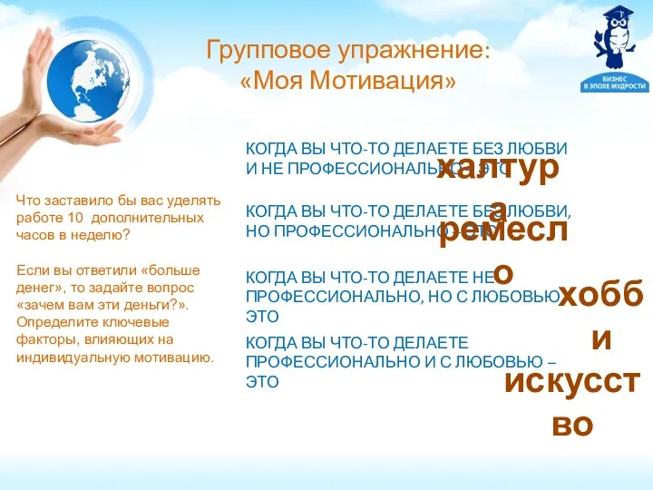 Групповое упражнение: «Моя Мотивация» Что заставило бы вас уделять работе 10 дополнительных часов