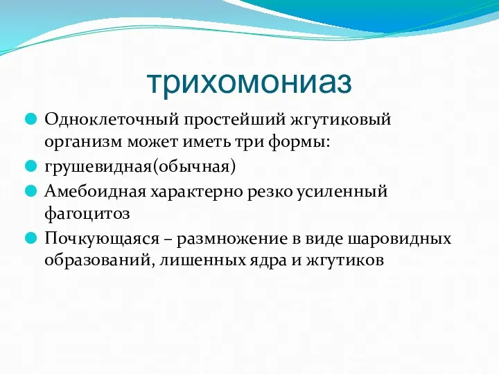 трихомониаз Одноклеточный простейший жгутиковый организм может иметь три формы: грушевидная(обычная)