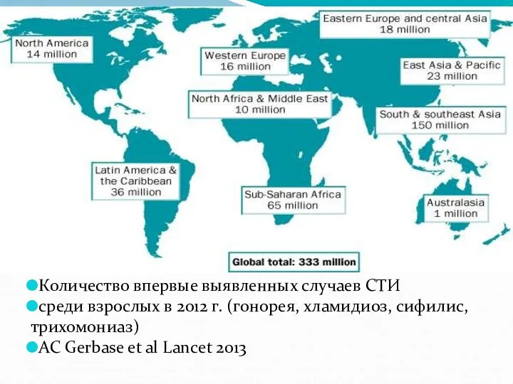 Количество впервые выявленных случаев СТИ среди взрослых в 2012 г. (гонорея, хламидиоз, сифилис,