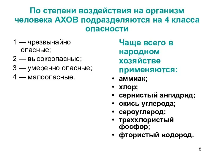 По степени воздействия на организм человека АХОВ подразделяются на 4