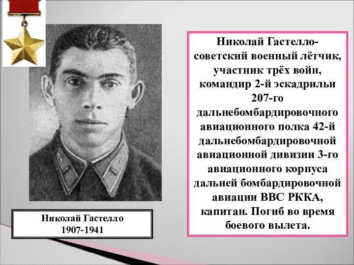 Николай Гастелло-советский военный лётчик, участник трёх войн, командир 2-й эскадрильи