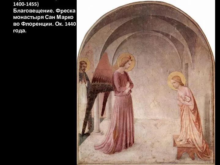 Фра Анжелико ( 1400-1455) Благовещение. Фреска монастыря Сан Марко во Флоренции. Ок. 1440 года.