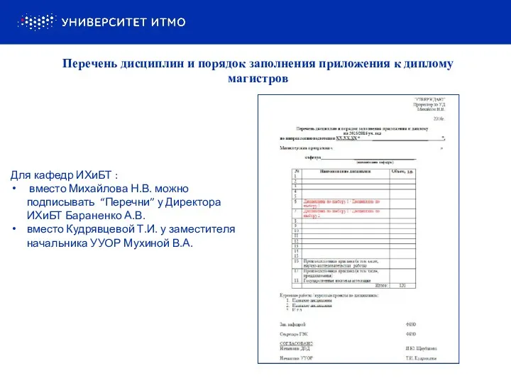 Перечень дисциплин и порядок заполнения приложения к диплому магистров Для кафедр ИХиБТ :