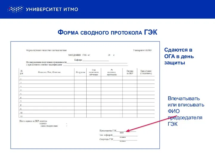 Форма сводного протокола ГЭК Сдаются в ОГА в день защиты Впечатывать или вписывать ФИО председателя ГЭК