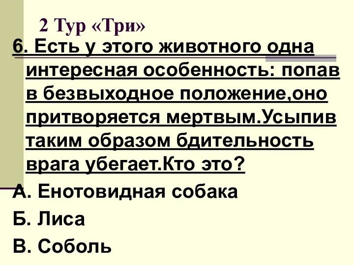 2 Тур «Три» 6. Есть у этого животного одна интересная