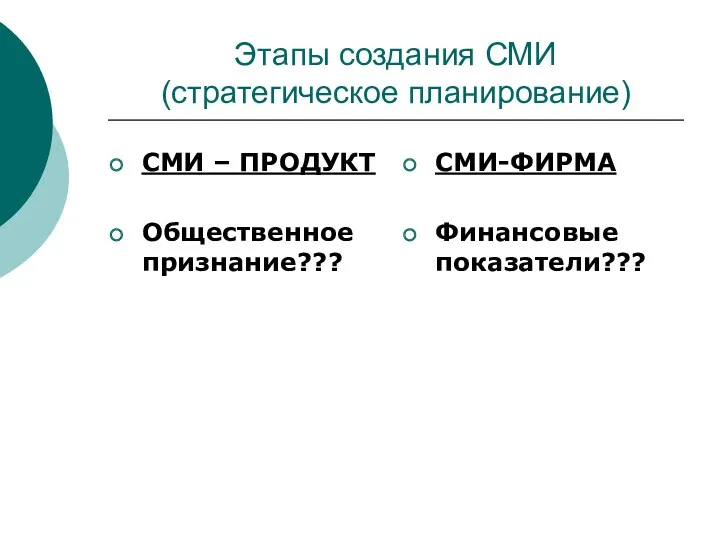 Этапы создания СМИ (стратегическое планирование) СМИ – ПРОДУКТ Общественное признание??? СМИ-ФИРМА Финансовые показатели???