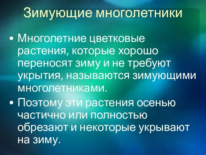 Зимующие многолетники Многолетние цветковые растения, которые хорошо переносят зиму и