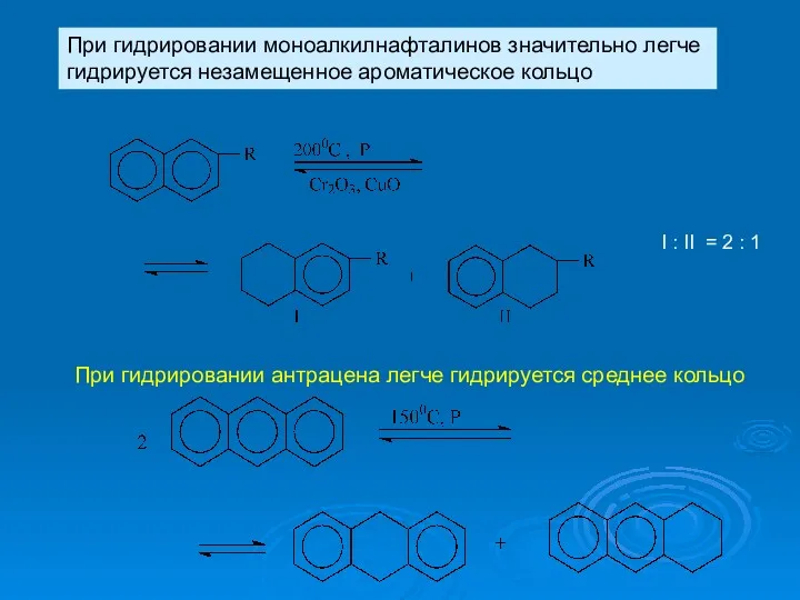 При гидрировании моноалкилнафталинов значительно легче гидрируется незамещенное ароматическое кольцо I