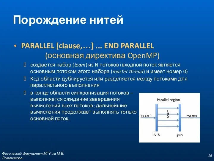 Порождение нитей PARALLEL [clause,…] ... END PARALLEL (основная директива OpenMP) создается набор (team)