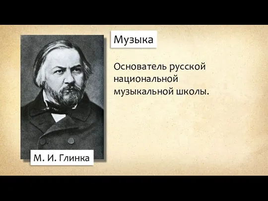 Музыка М. И. Глинка Основатель русской национальной музыкальной школы.