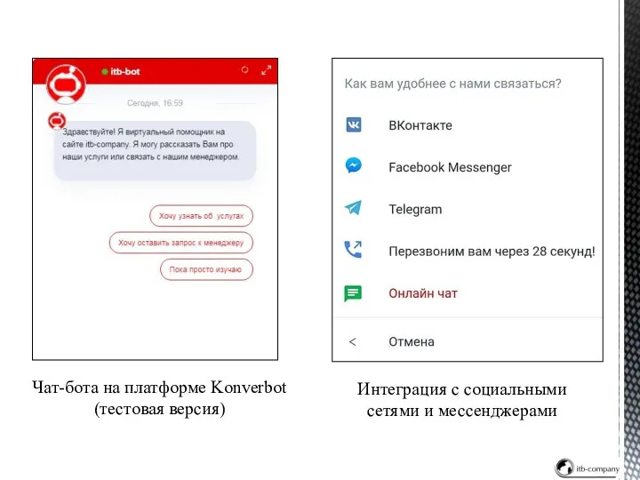 Чат-бота на платформе Konverbot (тестовая версия) Интеграция с социальными сетями и мессенджерами