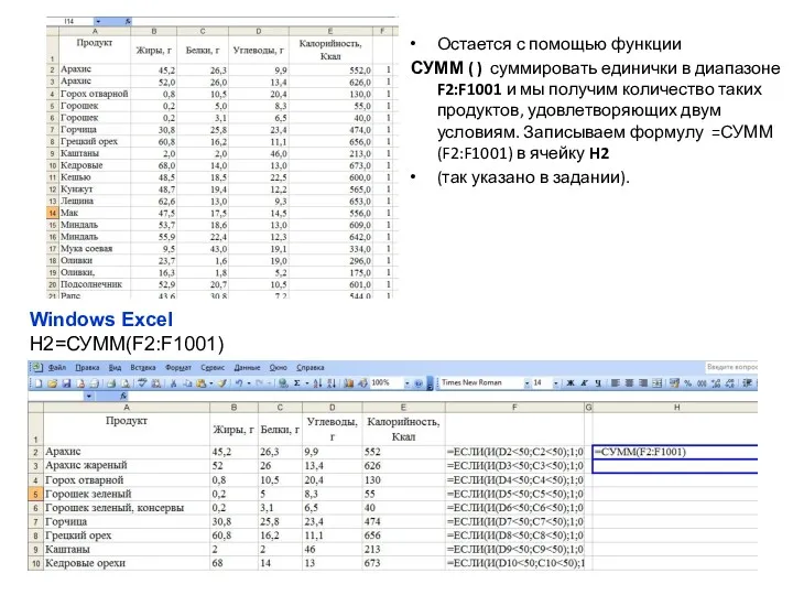 Windows Excel H2=СУММ(F2:F1001) Остается с помощью функции СУММ ( ) суммировать единички в