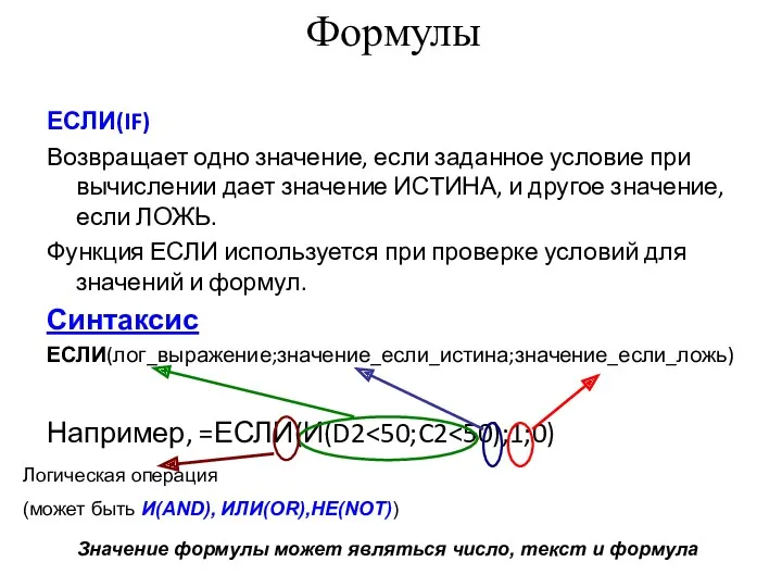 Формулы ЕСЛИ(IF) Возвращает одно значение, если заданное условие при вычислении дает значение ИСТИНА,