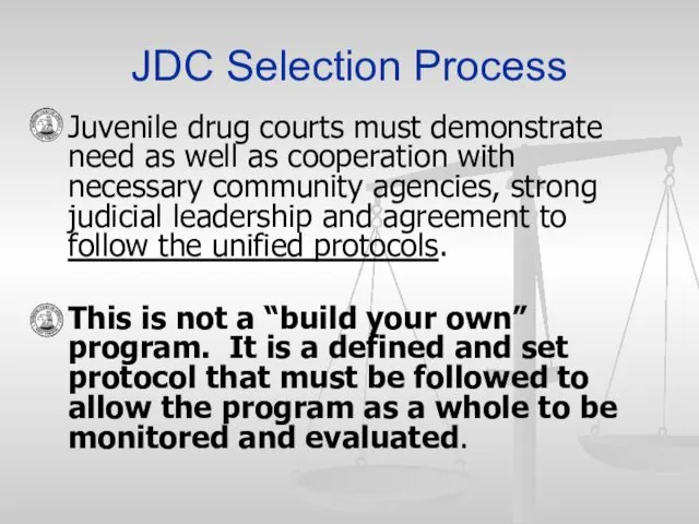 JDC Selection Process Juvenile drug courts must demonstrate need as