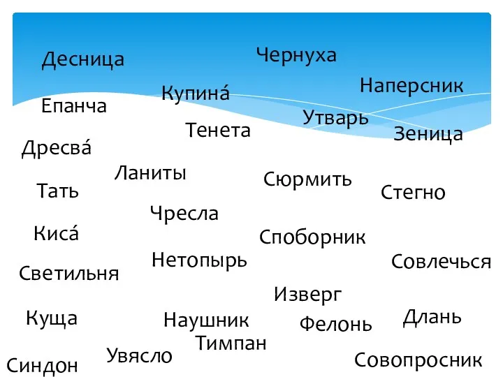 Десница Тенета Сюрмить Наушник Купина́ Чернуха Киса́ Светильня Куща Ланиты