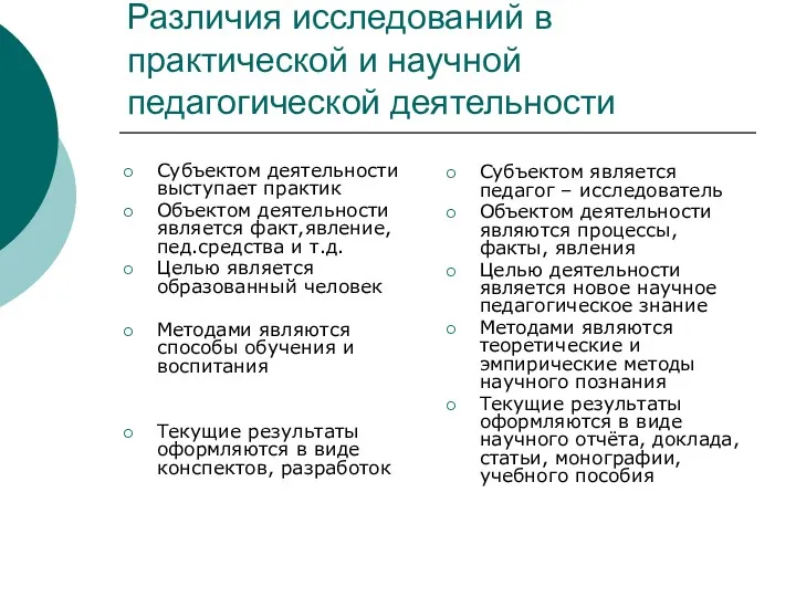 Различия исследований в практической и научной педагогической деятельности Субъектом деятельности