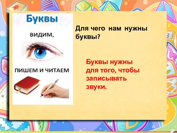 Буквы нужны для того, чтобы записывать звуки. Для чего нам нужны буквы?