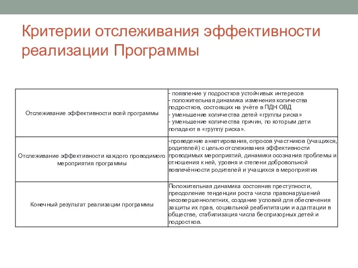 Критерии отслеживания эффективности реализации Программы