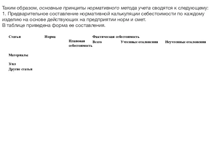 Таким образом, основные принципы нормативного метода учета сводятся к следующему: