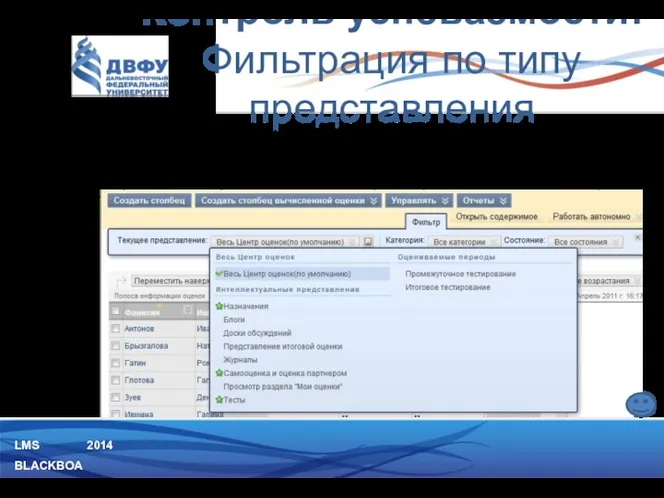 LMS BLACKBOARD 2014 Фильтрация по типу представления позволяет управлять параметрами