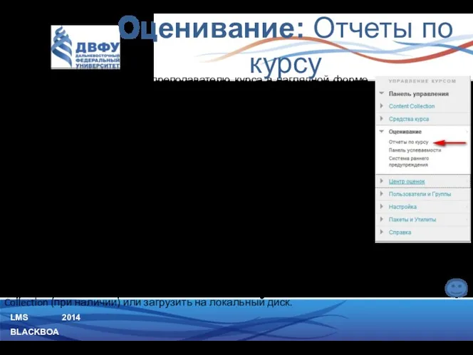 LMS BLACKBOARD 2014 Отчеты по курсу позволяют преподавателю курса в