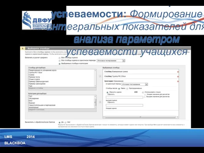 LMS BLACKBOARD 2014 Возможности по контролю успеваемости: Формирование интегральных показателей для анализа параметром успеваемости учащихся