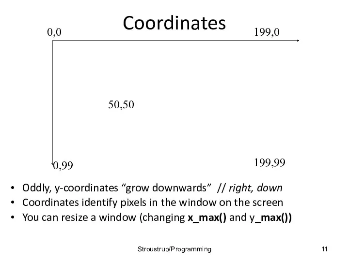 Coordinates Oddly, y-coordinates “grow downwards” // right, down Coordinates identify