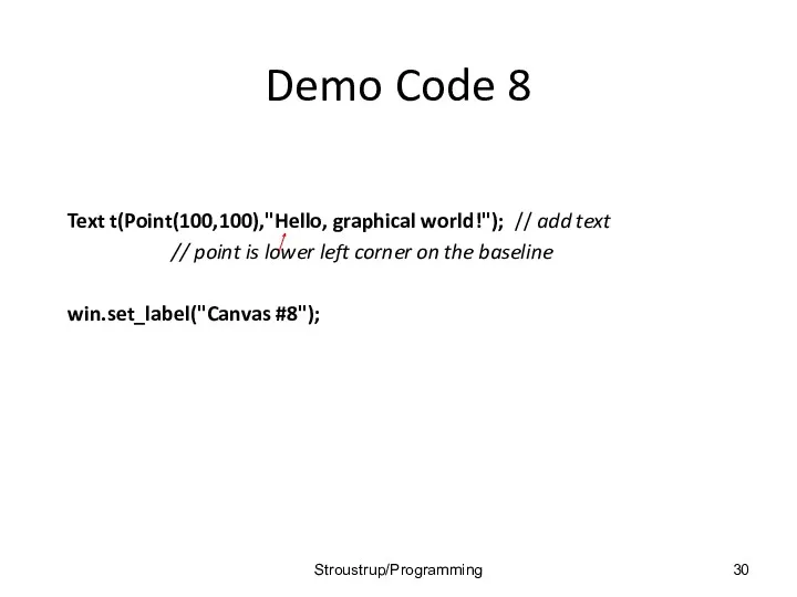 Demo Code 8 Text t(Point(100,100),"Hello, graphical world!"); // add text