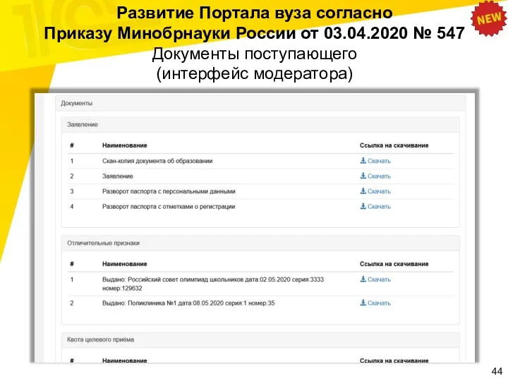 Развитие Портала вуза согласно Приказу Минобрнауки России от 03.04.2020 № 547 Документы поступающего (интерфейс модератора)