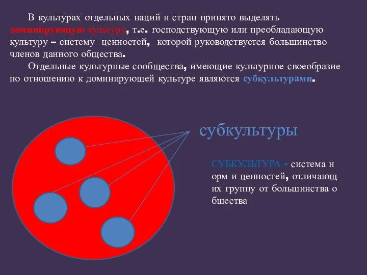 В культурах отдельных наций и стран принято выделять доминирующую культуру,