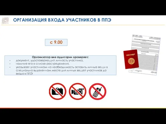 ОРГАНИЗАЦИЯ ВХОДА УЧАСТНИКОВ В ППЭ Организатор вне аудитории проверяет: документ,