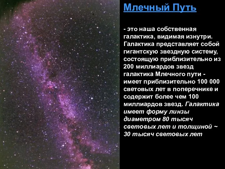 Млечный Путь - это наша собственная галактика, видимая изнутри. Галактика