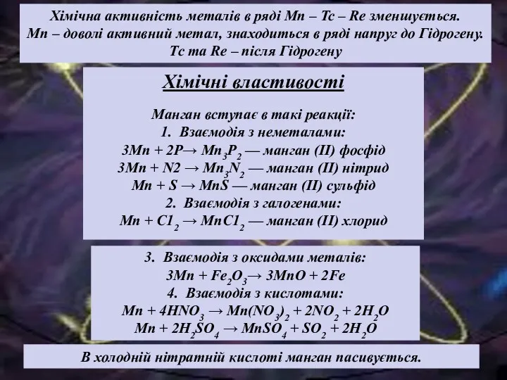 В холодній нітратній кислоті манган пасивується. Хімічна активність металів в