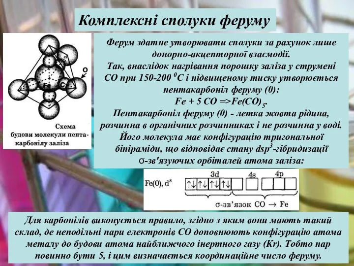 Ферум здатне утворювати сполуки за рахунок лише донорно-акцепторної взаємодії. Так,