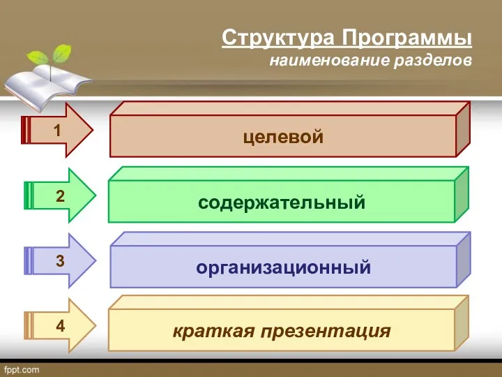 Структура Программы наименование разделов целевой содержательный организационный краткая презентация 1 2 3 4