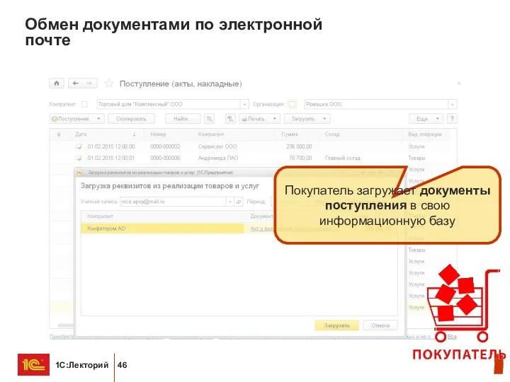 Обмен документами по электронной почте Покупатель загружает документы поступления в свою информационную базу