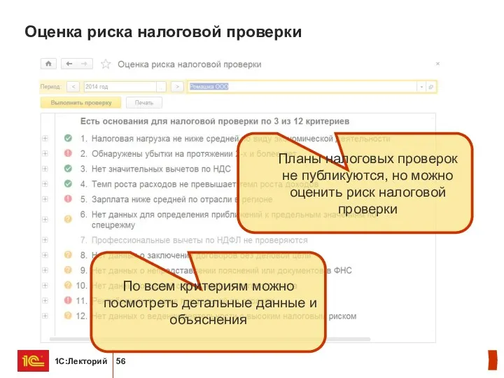 Оценка риска налоговой проверки По всем критериям можно посмотреть детальные