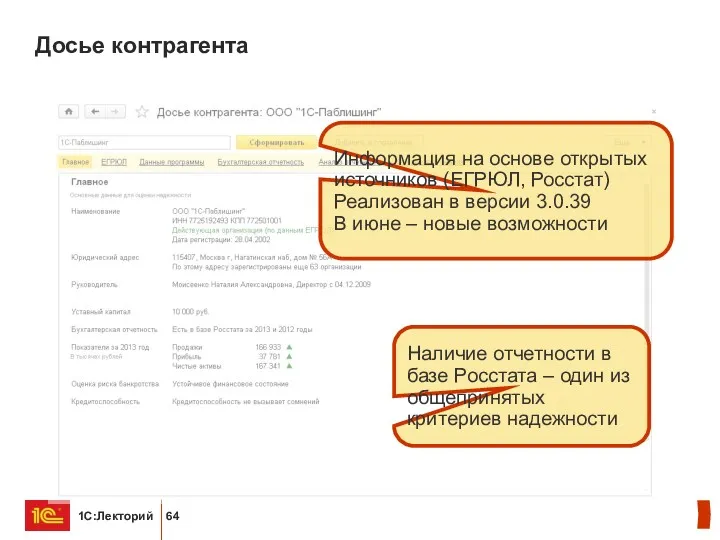 Досье контрагента Информация на основе открытых источников (ЕГРЮЛ, Росстат) Реализован