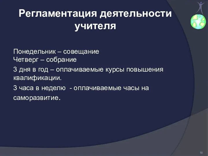 Регламентация деятельности учителя Понедельник – совещание Четверг – собрание 3