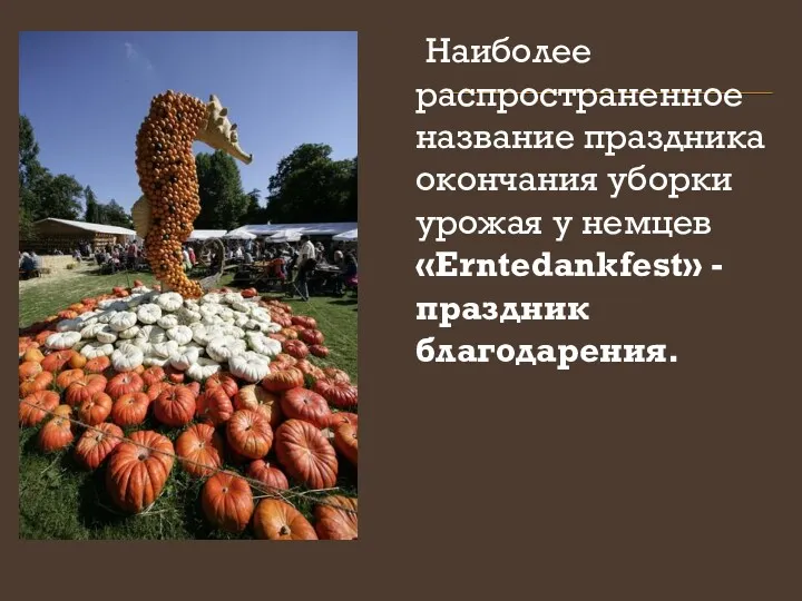 Наиболее распространенное название праздника окончания уборки урожая у немцев «Erntedankfest» - праздник благодарения.