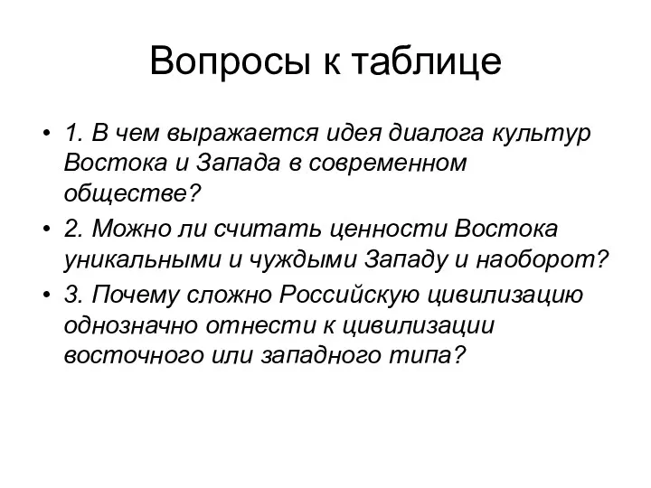 Вопросы к таблице 1. В чем выражается идея диалога культур