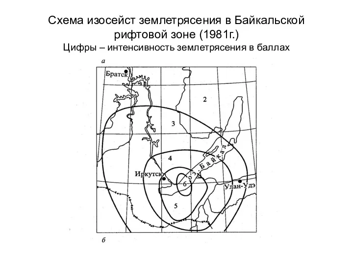 Схема изосейст землетрясения в Байкальской рифтовой зоне (1981г.) Цифры – интенсивность землетрясения в баллах