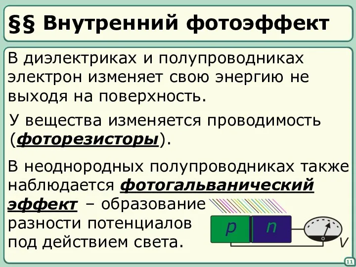 §§ Внутренний фотоэффект 11 В диэлектриках и полупроводниках электрон изменяет