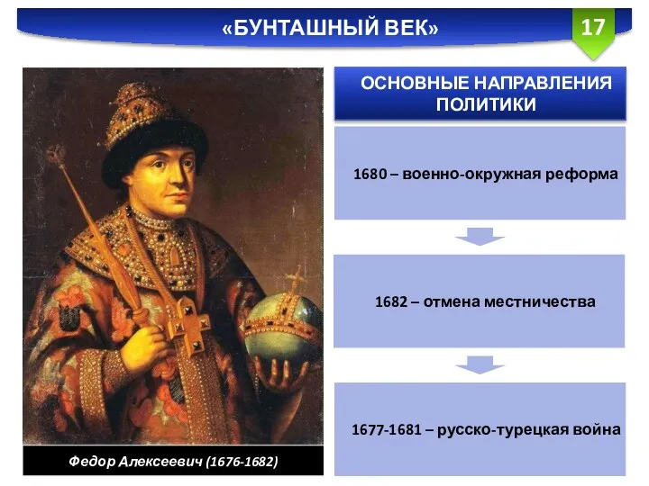 «БУНТАШНЫЙ ВЕК» Федор Алексеевич (1676-1682) ОСНОВНЫЕ НАПРАВЛЕНИЯ ПОЛИТИКИ 1680 – военно-окружная реформа 1682