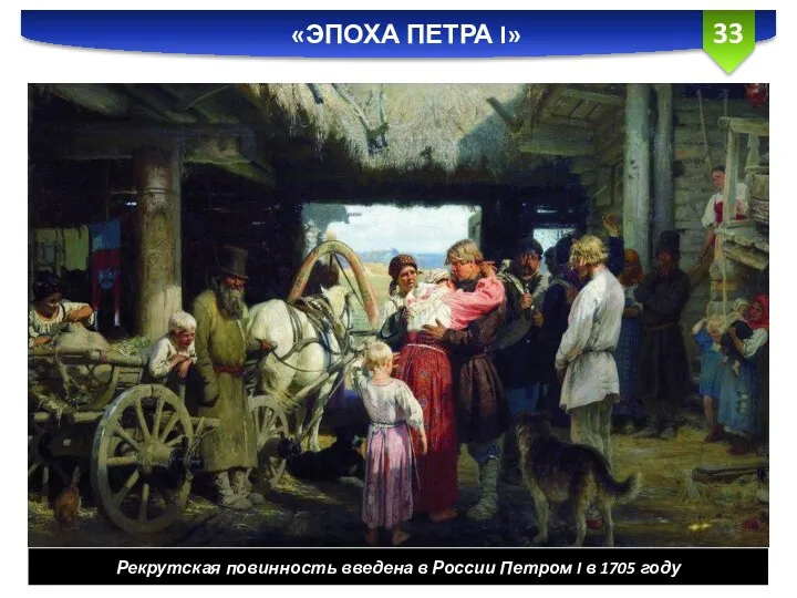 «ЭПОХА ПЕТРА I» Рекрутская повинность введена в России Петром I в 1705 году
